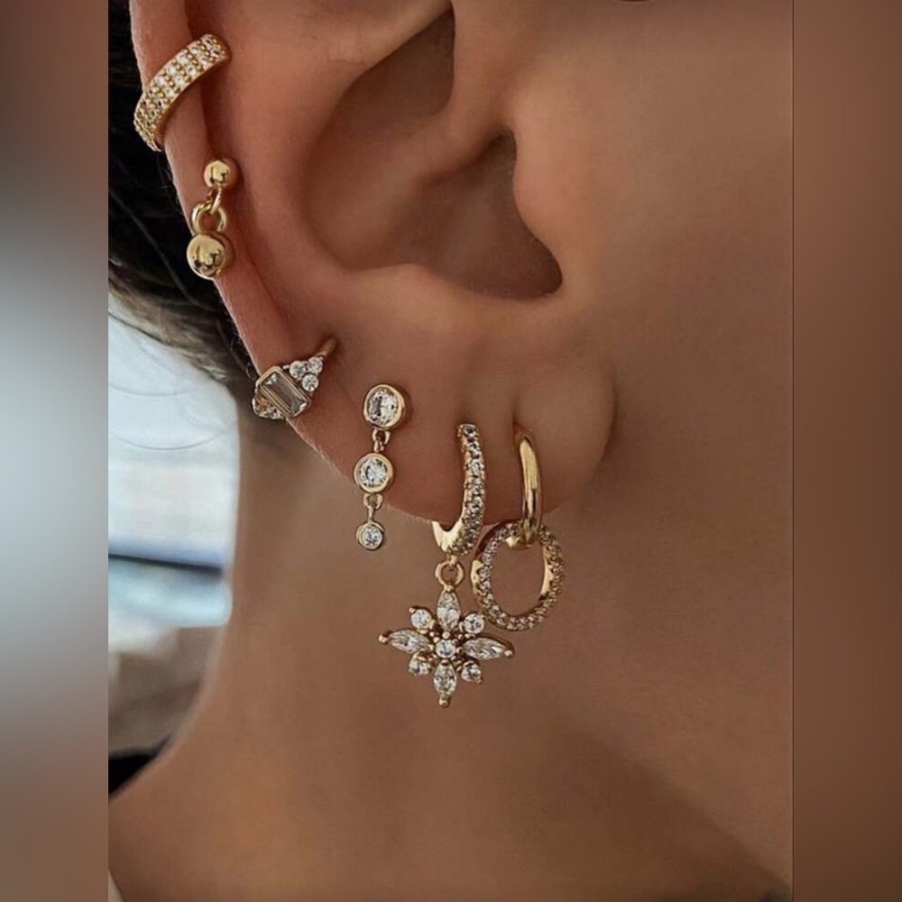 Gold Tone 6PC Earring Set Rhinestone Hoop Stud Dangle Ear Stack Set